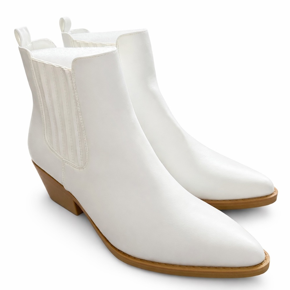 !D!FU White Pointed Toe Chelsea Ankle Boots Block Heel Women’s 8.5 NWOB